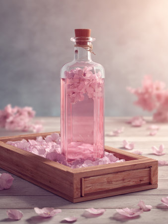 A wine bottle filled with pink liquid sits elegantly on a raw wooden tray surrounded by delicate sakura petals, showing simplicity and tranquility.の素材