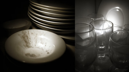 Dirty and clean dishes are presented together to highlight the contrast in a kitchen setting with dramatic lighting and shadows.の素材