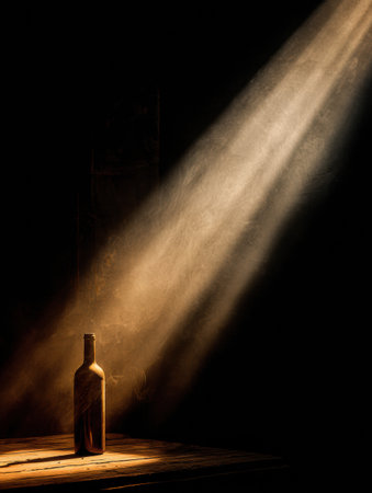 Bright light shines on a wine bottle surrounded by deep shadows and smoke, creating a dramatic and premium atmosphere.の素材