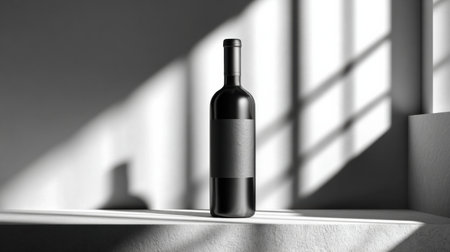 A sophisticated wine bottle stands on a clean white surface, illuminated by soft natural light creating delicate shadows in a minimalistic scene.の素材