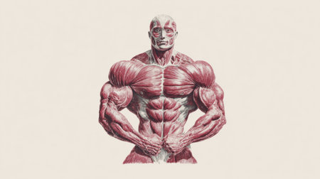 A floating illustration of a muscular human figure highlights detailed anatomy in red against a white background, emphasizing both strength and form.の素材