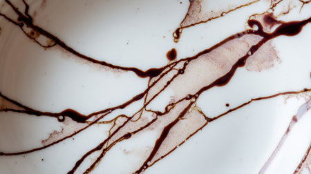 Wine stains form beautiful, swirling patterns on a delicate white porcelain plate, capturing a moment from a lively gathering.の素材