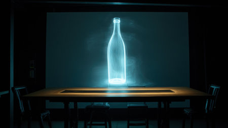 A wine bottle appears as a hologram in a dark, modern room featuring a minimalist table and chairs, creating a sleek ambiance.の素材