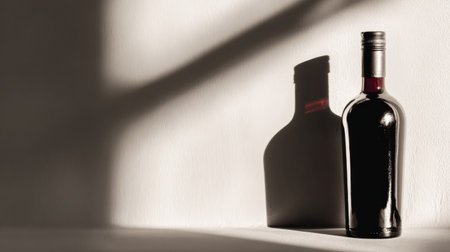 A wine bottle stands alone against a white wall, creating a beautiful shadow that captures attention in a calm, minimal space.の素材
