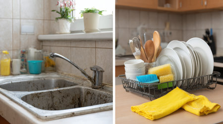 One side shows a dirty sink with grime and clutter, while the other displays a tidy dish rack filled with clean plates and utensils.の素材
