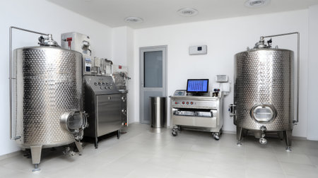 Sterile lab setting showcases stainless steel equipment designed for wine production and analysis, highlighting cleanliness and precision.の素材