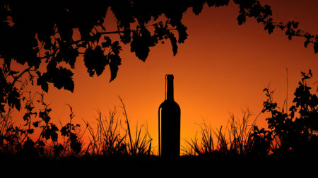 A stunning silhouette of a wine bottle stands amidst grass with a colorful sunset casting a rich glow over a vineyard landscape.の素材