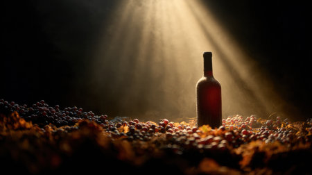 A wine bottle is partially buried in fresh, ripe grapes, illuminated by a strong golden spotlight coming from above, creating a striking scene.の素材