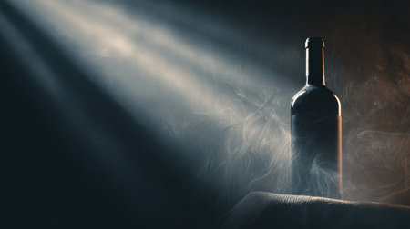 A wine bottle stands prominently under a dramatic spotlight, surrounded by deep shadows and wisps of atmospheric smoke, creating a cinematic tone.の素材