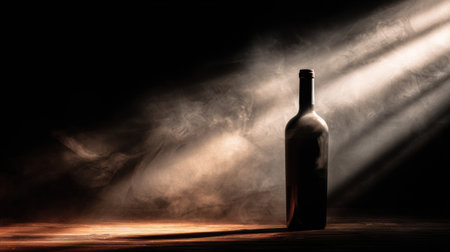 A wine bottle stands alone, illuminated by a dramatic spotlight, surrounded by deep shadows and atmospheric smoke, creating a premium ambiance.の素材