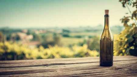 A wine bottle rests on an aged wooden table, with a blurred vineyard stretching under soft golden light in the background.の素材