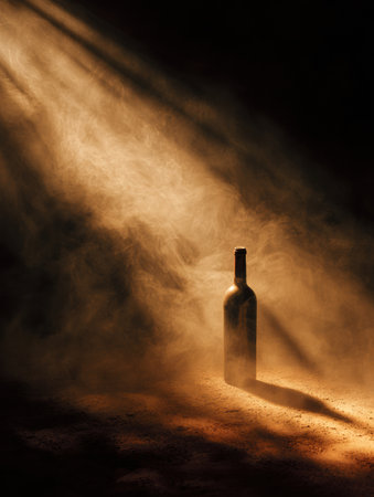 A stunning wine bottle shines in a spotlight, casting deep shadows and creating a cinematic, smoky ambiance.の素材