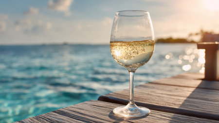 A wine glass sits on a sunlit pier, showcasing sparkling liquid while overlooking the serene, clear waters of the ocean.の素材