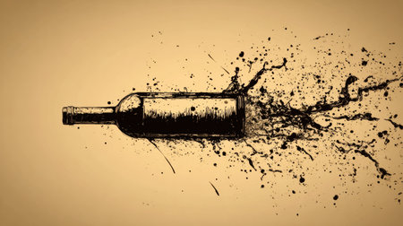 A vibrant splash of wine forms the outline of a bottle, showcasing an artistic moment of motion and color against a neutral background.の素材
