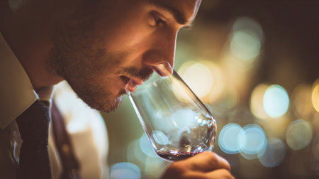 Focused winemaker examines wine aroma in a refined atmosphere with soft bokeh lights enhancing the experience.の素材