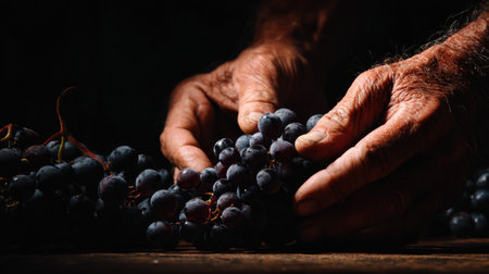 Hands of a winemaker inspect fresh grape clusters in a dark cellar, highlighting the crafting of fine wines in a warm atmosphere.の素材