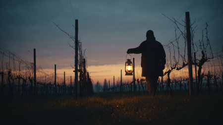 A winemaker strolls through a vineyard at dusk, holding a glowing lantern that casts a warm light amidst twilight.の素材