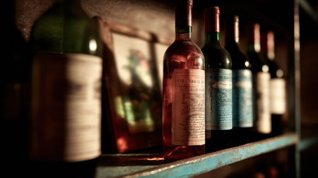 Rustic shelves display an array of vintage wine bottles in warm cinematic tones, inviting visitors to explore the unique collection.の素材