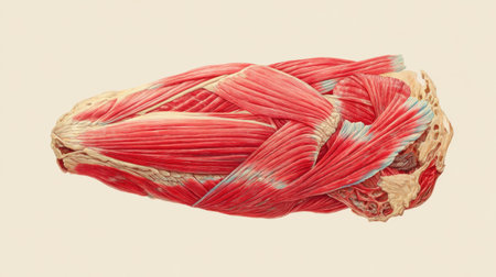 A detailed illustration of a red muscle displayed on a smooth white backdrop, emphasizing structure and anatomical features.の素材