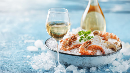 A bowl of fresh seafood sits on ice, paired perfectly with a glass of chilled white wine, creating a luxurious culinary moment.の素材