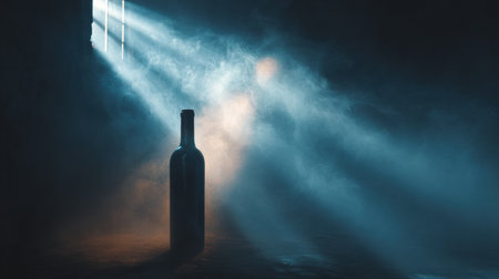 A single wine bottle stands under a spotlight, surrounded by deep shadows and billowing smoke, creating a cinematic and premium atmosphere.の素材