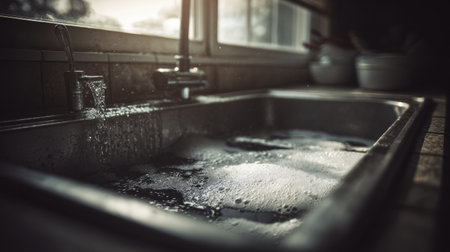 Water flows from the faucet into a sink filled with soapy foam as dishes are being cleaned under natural light.の素材