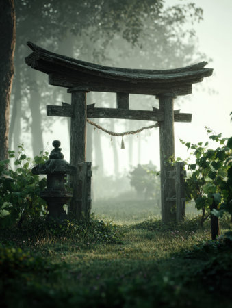 A peaceful vineyard scene with a Japanese wooden fence surrounded by lush vines and shrouded in morning mist, creating a tranquil atmosphere.の素材