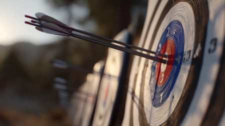 Targets stand firmly, showcasing arrows that have found their mark, highlighting success in ad performance measurements.の素材