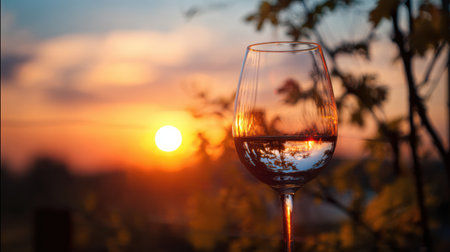 A wine glass captures the warm hues of a vineyard sunset, creating a romantic atmosphere perfect for relaxation and enjoyment.の素材