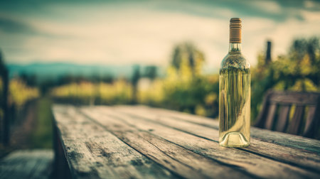 A white wine bottle stands on a weathered wooden table surrounded by a beautiful vineyard in the background. Soft natural light falls over the scene.の素材
