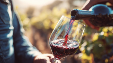 A winemaker carefully pours a deep red wine into a glass, evaluating its quality while surrounded by a beautiful vineyard landscape.の素材