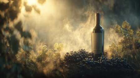 A wine bottle stands tall among ripe grapes, with golden mist rising around it, creating a cinematic atmosphere in the vineyard at dusk.の素材