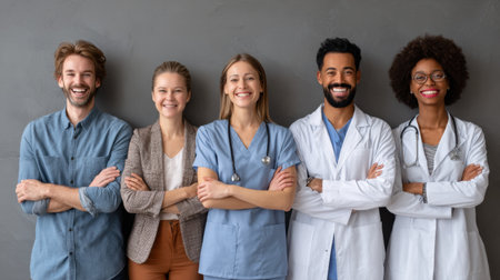 A group of diverse medical professionals stands together with confidence in a healthcare environment, showing teamwork and unity.の素材
