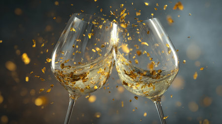 Two premium wine glasses are clinking together, with golden particles suspended in the air, creating a celebratory atmosphere.の素材