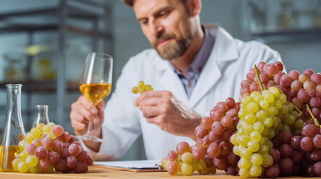 Winemaker examines grape seeds closely to determine ripeness, surrounded by fresh grapes and wine testing equipment in a lab.の素材