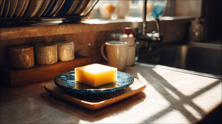 In the cozy kitchen, morning light streams through the window as the sponge and detergent are used to wash dishes, creating a warm atmosphere.の素材
