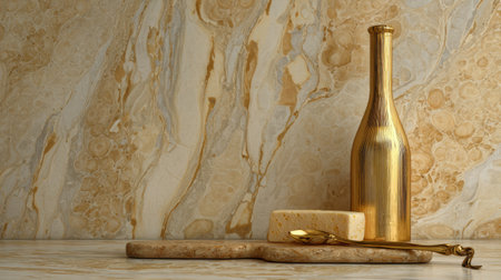 A stylish wine bottle rests beside a golden cheese board with cheese on a marble countertop, creating an inviting atmosphere for a gathering.の素材