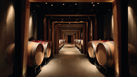 Rows of wooden barrels line a dimly lit corridor in a wine cellar, creating a symmetrical and inviting ambiance for wine enthusiasts.の素材
