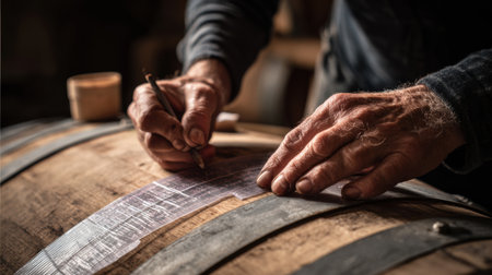 Winemaker focuses on writing labels on oak barrels, emphasizing the craftsmanship and detail in the winerys serene atmosphere.の素材