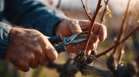A vineyard worker uses pruning shears to carefully trim grapevines in natural daylight. Hands reveal skill and attention to detail during work.の素材