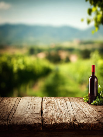 Wine bottle sits on a rustic wooden table with a blurred vineyard in the background, creating a serene and natural setting.の素材