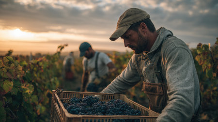 Harvest season brings workers together in a vineyard as they pick ripe grapes under the warm glow of the setting sun.の素材