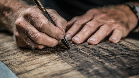 Close-up of a winemakers hands writing on barrels, showcasing textured oak and the passion behind the craft of winemaking.の素材