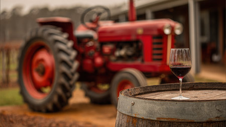A vineyard tractor is positioned in the background while a glass of red wine rests on an oak barrel in the foreground, showcasing a rural scene.の素材