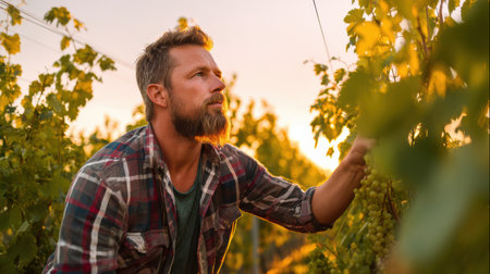 Winemaker examines clusters of ripe grapes in a vineyard during golden hour, enjoying the soft warm light and beautiful scenery.の素材