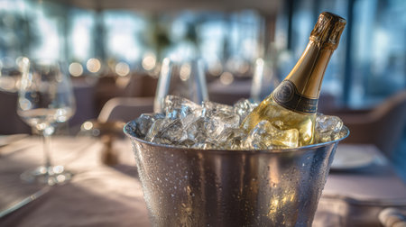 A chilled wine bottle rests in an ice bucket filled with ice, set on a beautifully arranged dining table in a luxurious restaurant ambiance.の素材