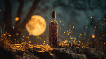 Under the glow of the full moon, a wine bottle stands elegantly, its surroundings illuminated by magical gold sparkles, creating a luxury atmosphere.の素材
