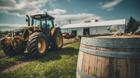 A tractor is actively working in a vineyard, with a glass of wine perched on a wooden barrel in the foreground, showing the farms harvest.の素材