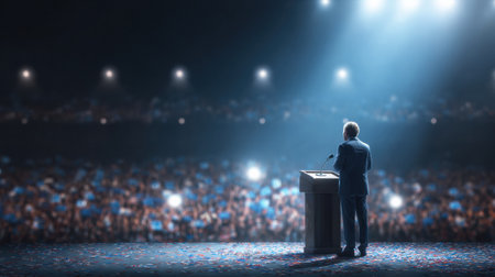 Candidate confidently approaches the podium as lights shine brightly, engaging with a excited audience during the election rally.の素材