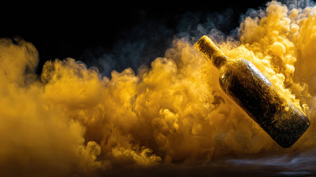 Golden smoke surrounds a wine bottle, highlighting its elegance and evoking a sense of luxury and mystique in a dark setting.の素材